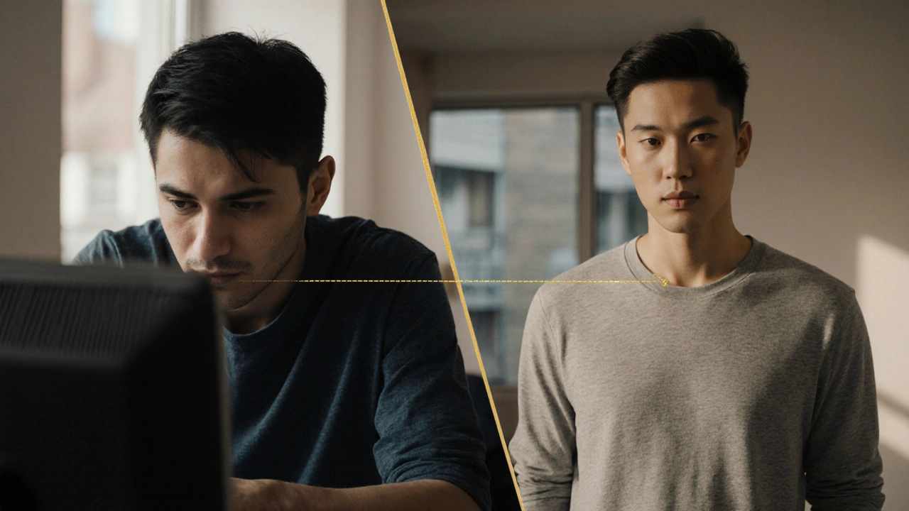 Dvě verze téže osoby: jedna stresovaná u počítače, druhá uvolněná po masáži, spojené zlatou linkou energie.