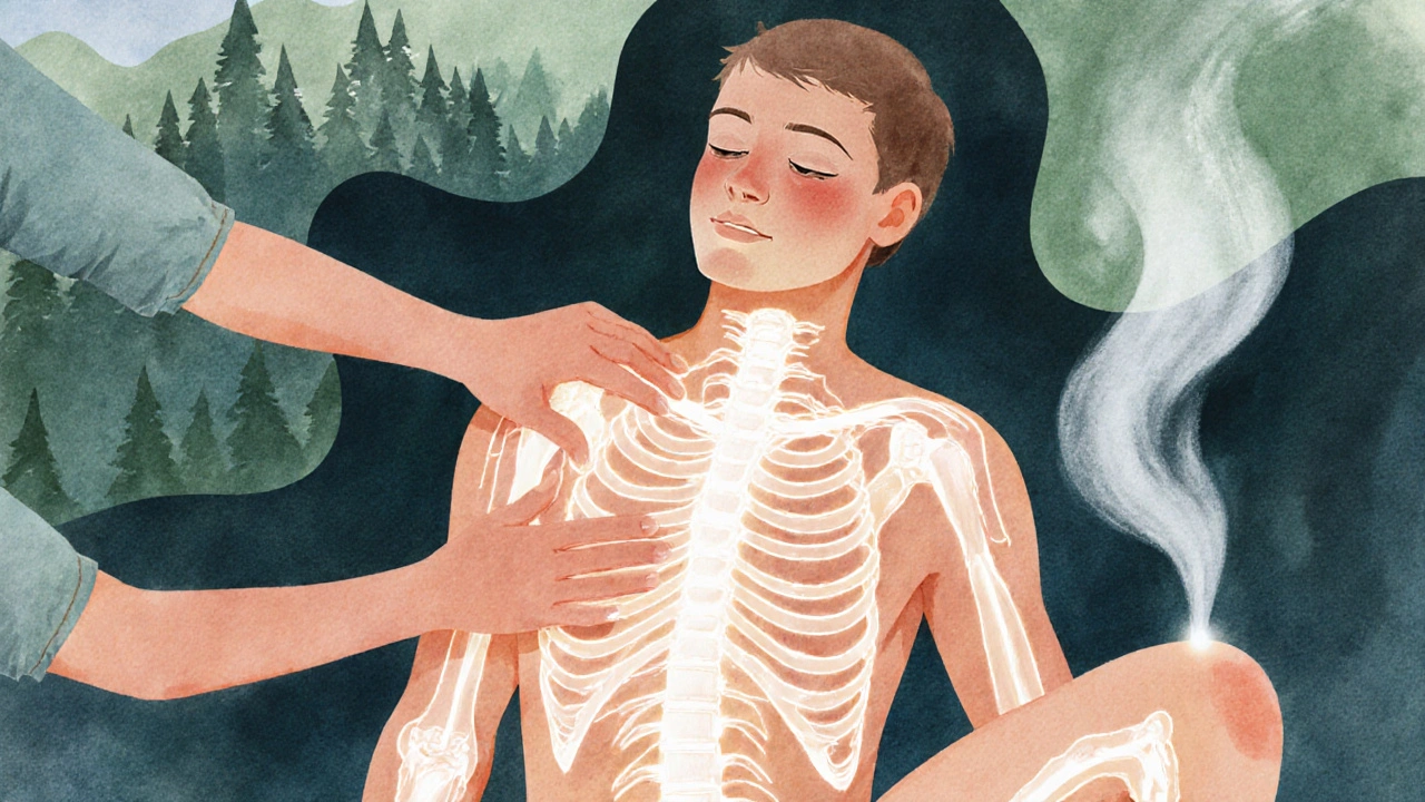 Tělo s jemně zářícími energetickými linkami, na které masér působí rukama a kolenem, symbolizující uvolnění napětí.