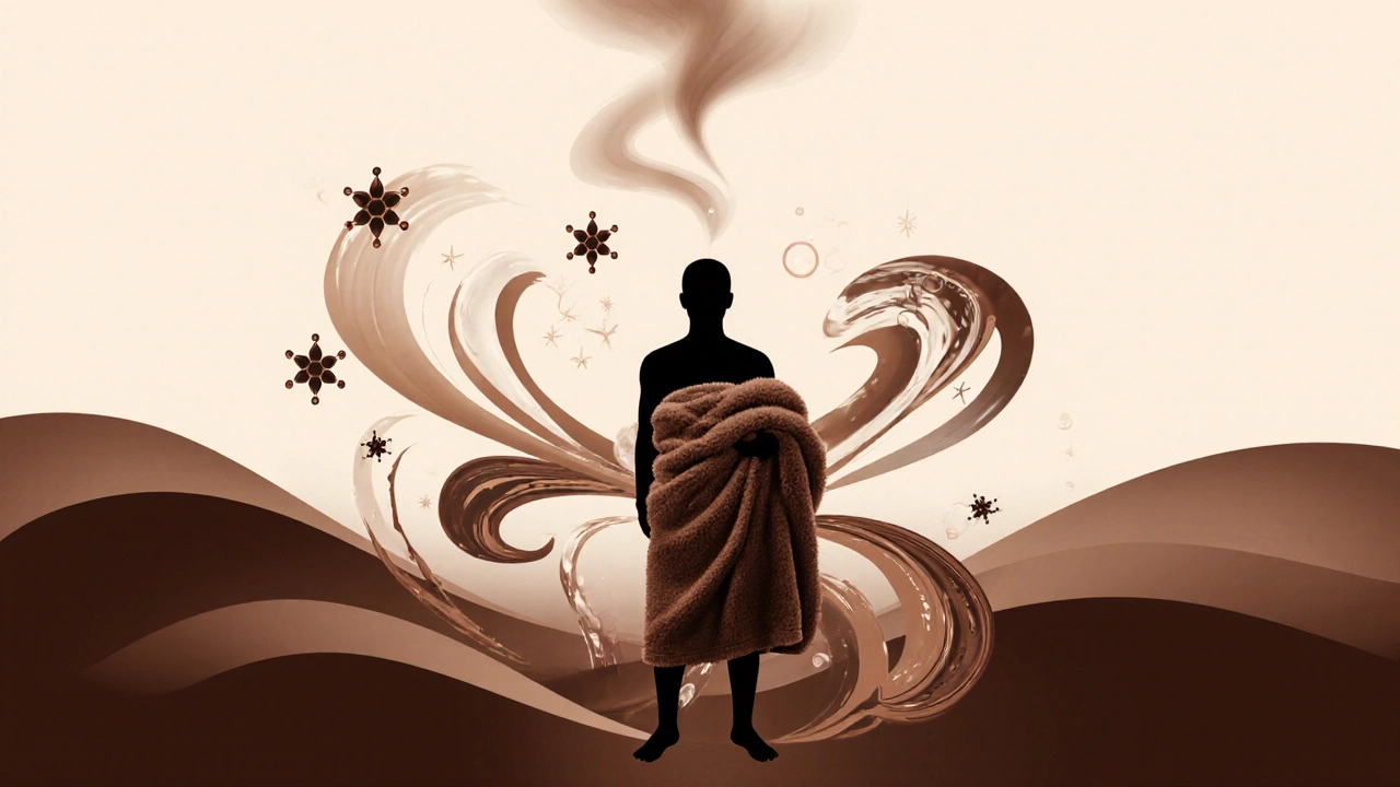 Abstraktní silueta těla obklopená symboly výhod čokoládové masáže: krevní oběh, antioxidanty a uvolnění svalů.