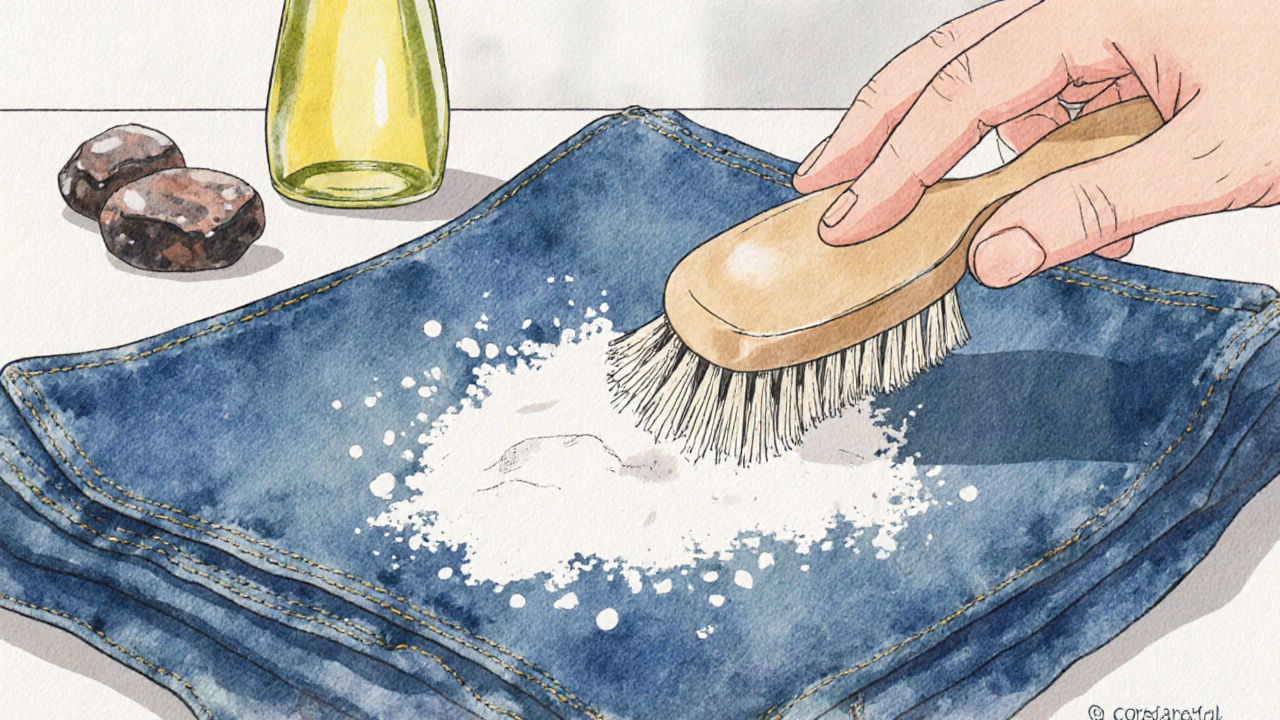 Detailní záběr kartáčku odstraňujícího kukuřičný škrob ze skvrny na džínách s pastou z práškového detergentu.