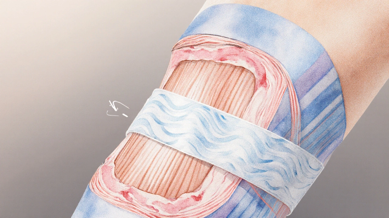 Diagram v podobě vodové malby ukazuje, jak tejp zvedá kůži a zlepšuje krevní oběh v bicepsu.