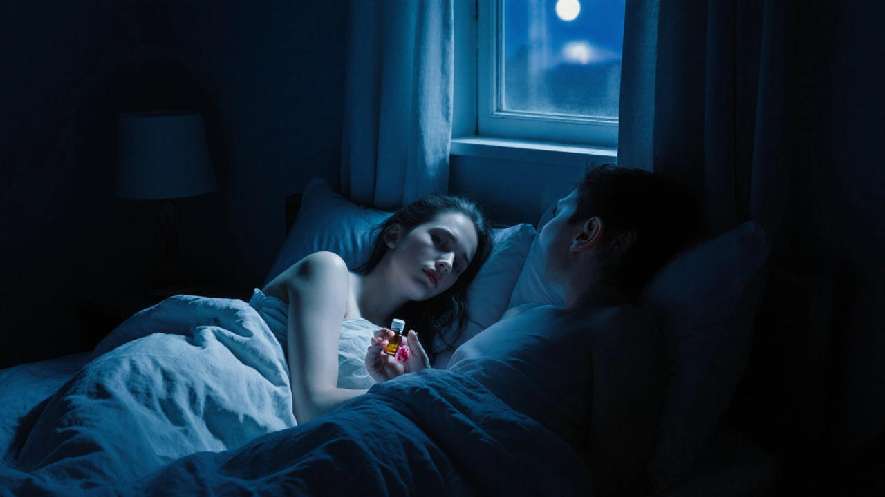 Dva lidé leží v posteli v měsíčním světle, tichá chvíle blízkosti.