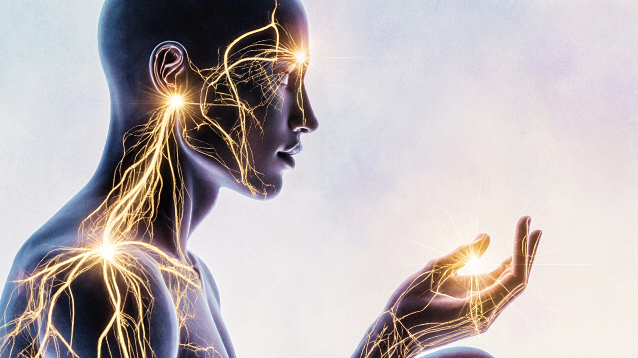 Grafické znázornění energetických cest v těle s označenými body pro bolest hlavy, zobrazené jako jemně zářící linie.