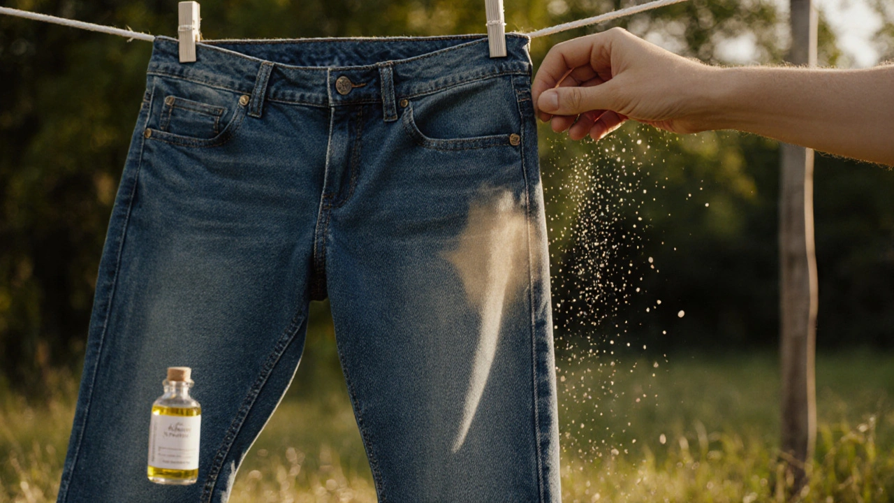 Kalhoty věšené na věšáku venku na přírodním vysušení, s jemným stínom dříve existující mastné skvrny.
