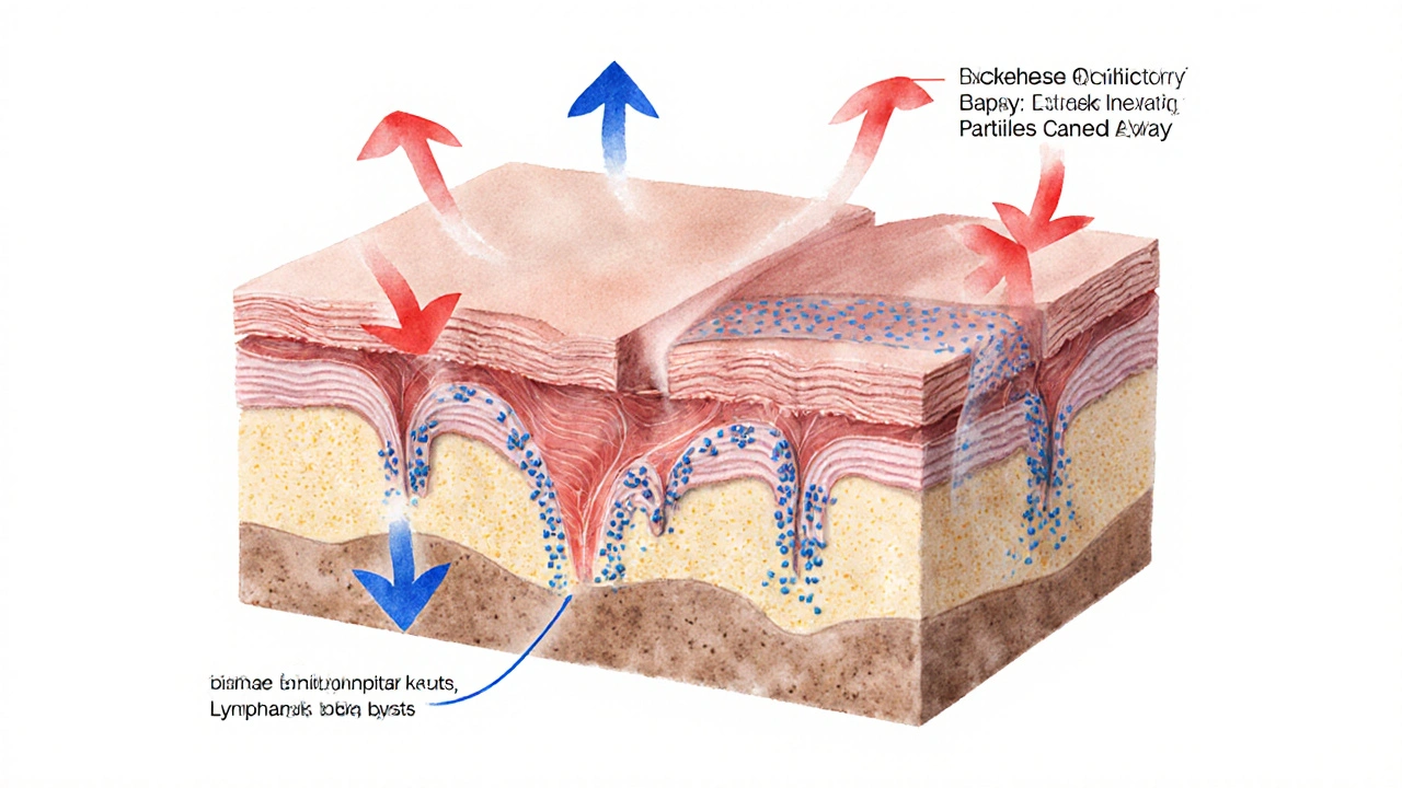 Křížový řez těla ukazující, jak podtlak zlepšuje krevní oběh a odtok lymfy.