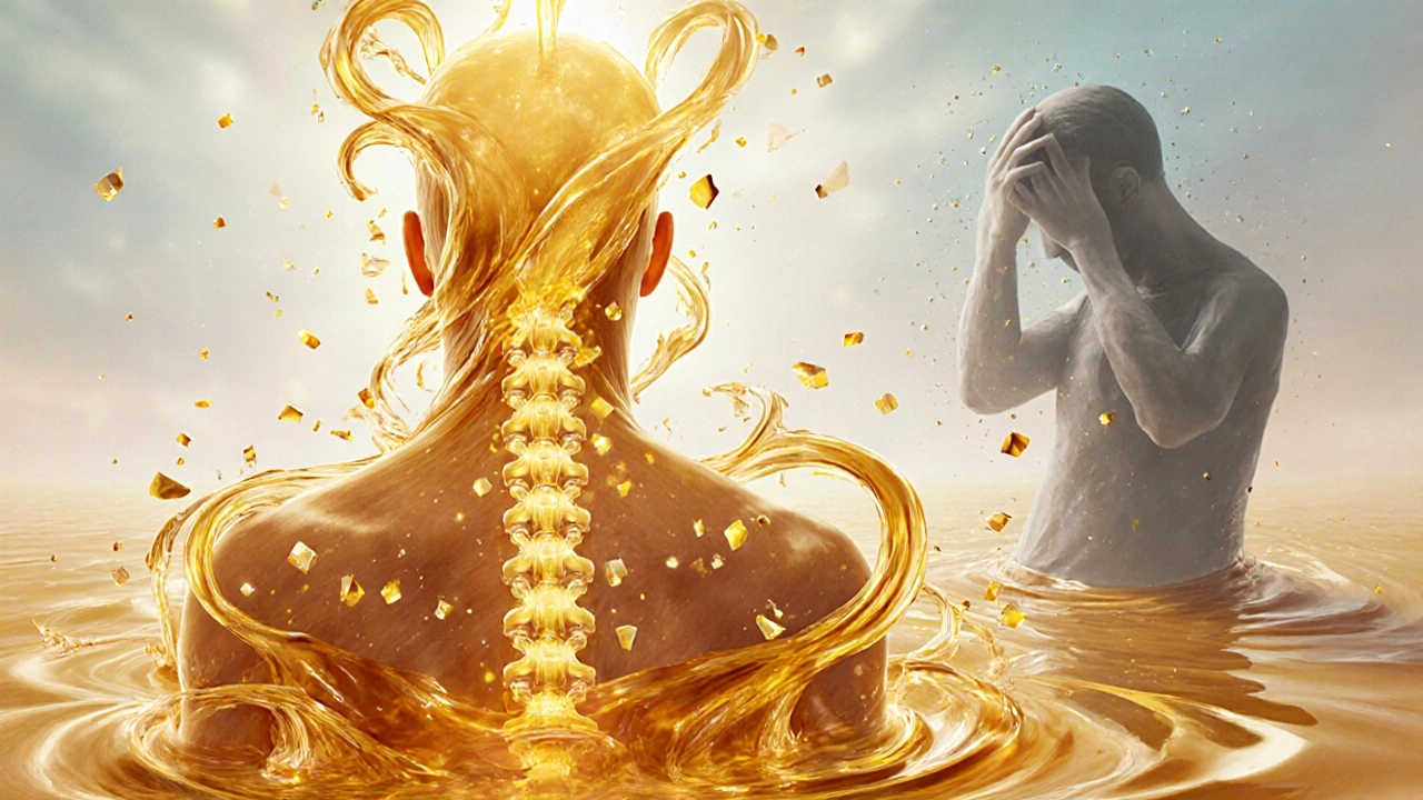 Lidský obraz dissoluje do zlatých medových vln, které pohlcují stres.