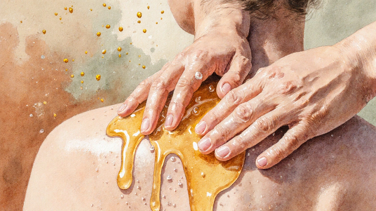 Ruce masírují med do kůže na rameni, med vytváří mléčný lesklý povlak.