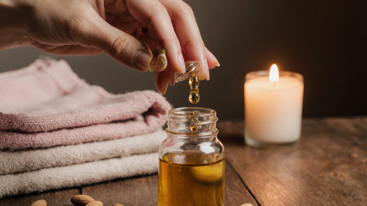 Ruce míchají esenciální oleje do nosného oleje na dřevěném stole.