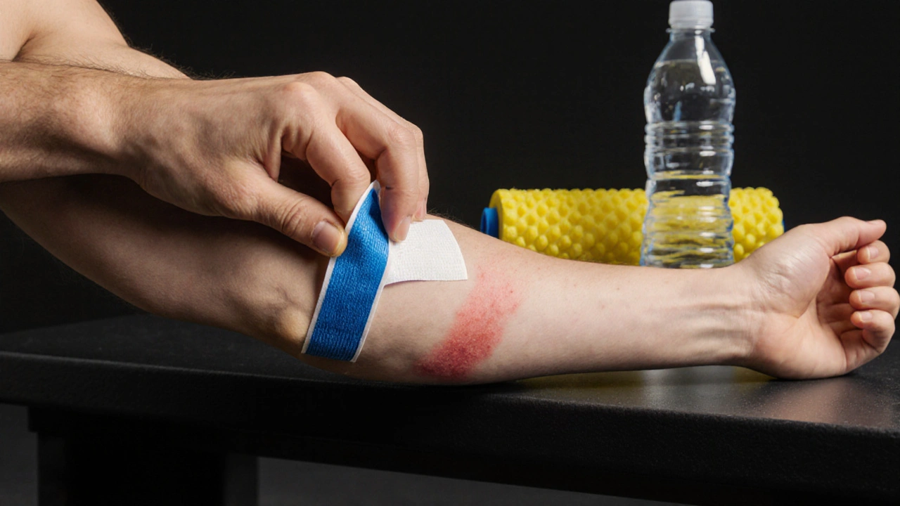 Ruka odstraňuje použitý kinesiologický tejp z bicepsu, s lehkým červenáním kůže.