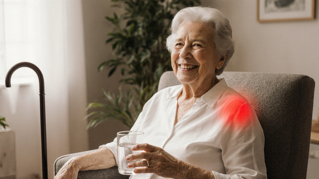 Starší žena po sezení vakuoterapie, pije vodu a vypadá klidně a uvolněně.