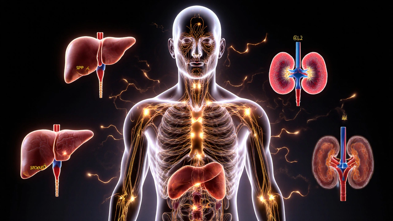 Tělo s vykreslenými zlatými energetickými kanály a klíčovými akupresurními body.