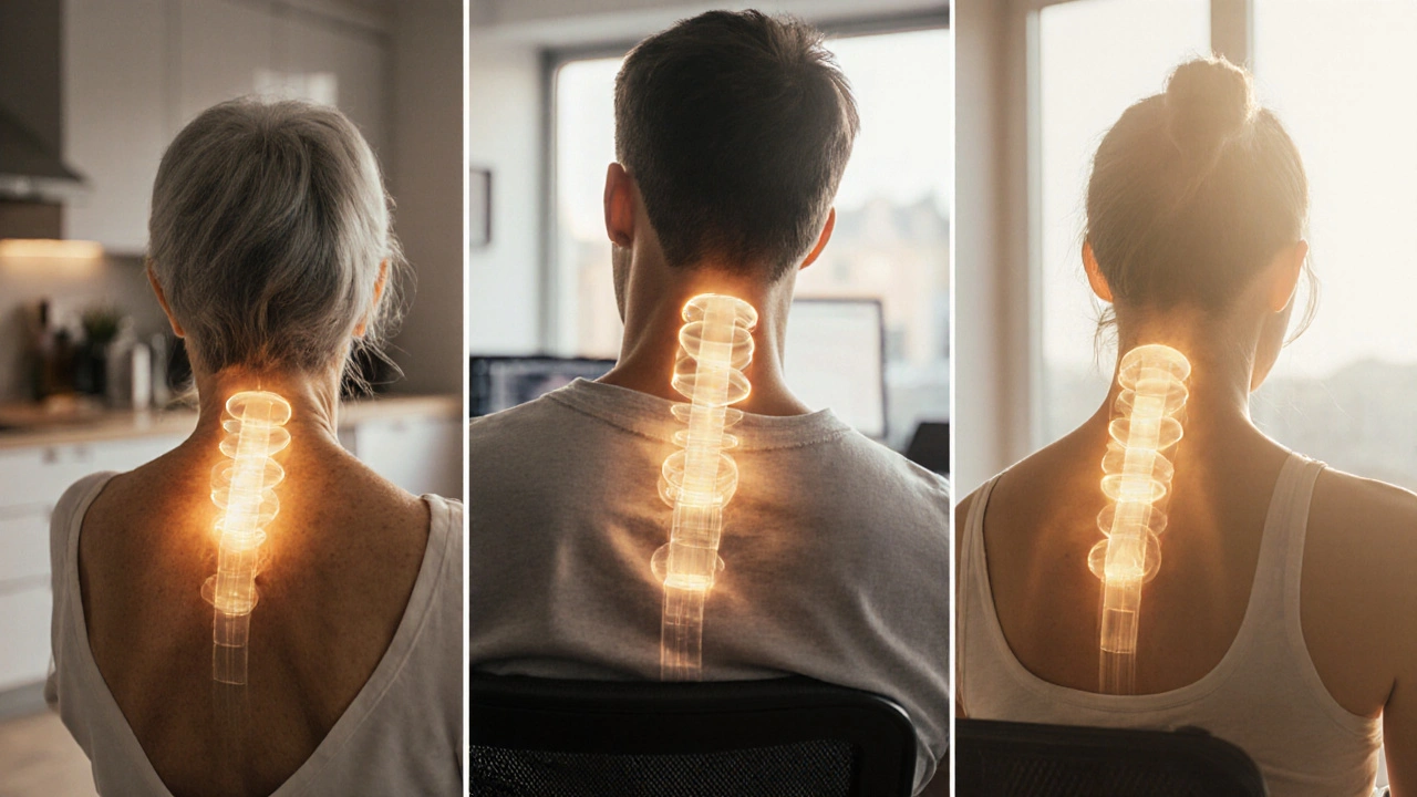 Tři lidé různých věků s jemným vakuovým efektem na těle, symbolizující uvolnění napětí.