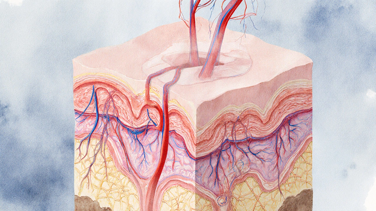 Vnitřní pohled na tkáně s rozšířenými cévami a podtlakem zvedajícím svalové vrstvy.