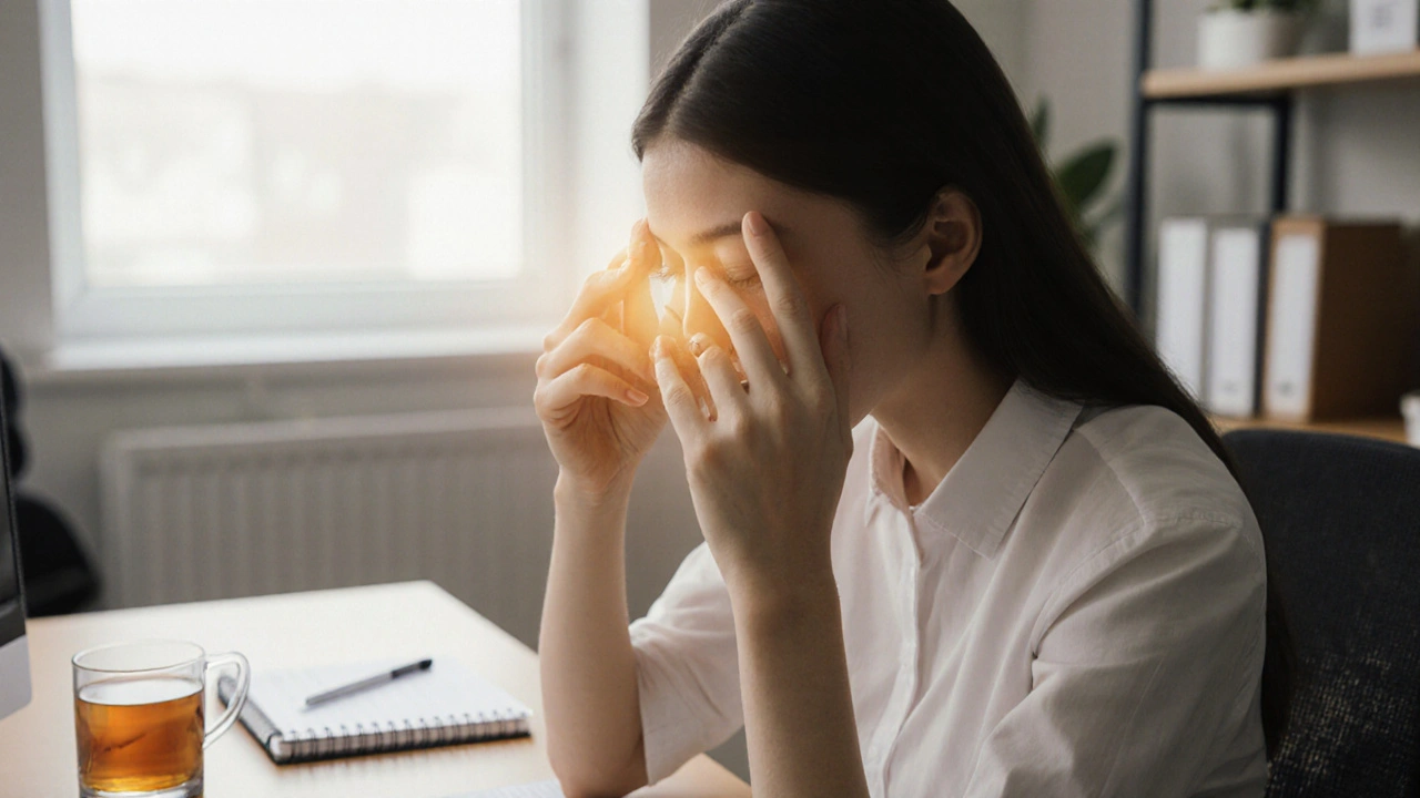 Žena si samostatně masíruje bod mezi palcem a ukazováčkem při práci, viditelně uvolňující napětí v hlavě.