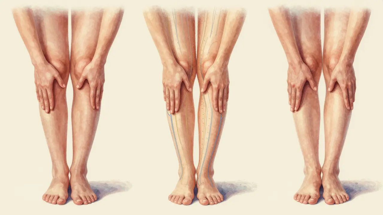 Ilustrace tří technik anticelulitidní masáže: řezání, úklid a dráždění s lymfatickým odtokem.