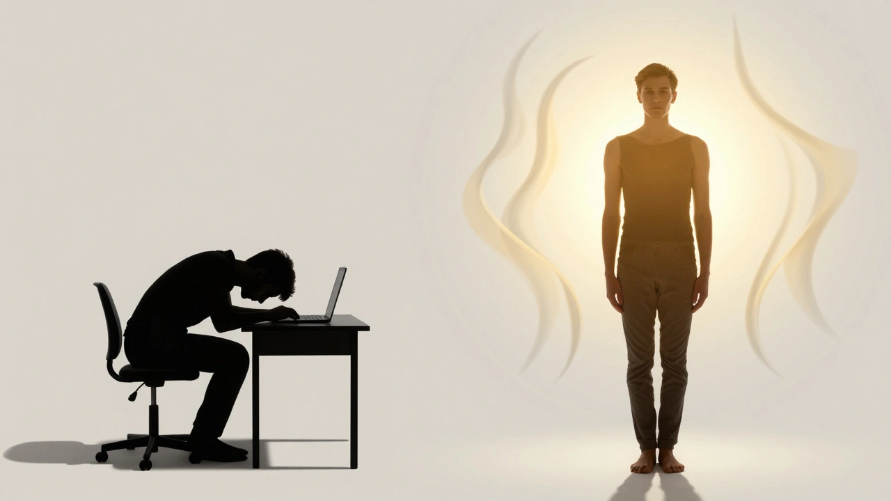 Kontrast mezi napjatým a uvolněným stavem těla symbolizující obnovu energie.