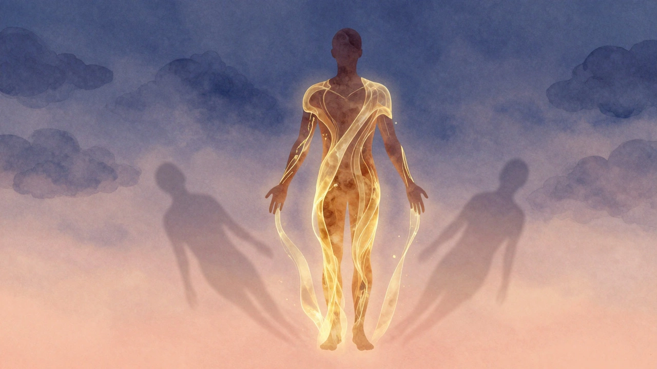Kontur člověka s průhledným zlatým proudem lymfy proudícím k jádru těla, zatímco stresové stíny mizí.