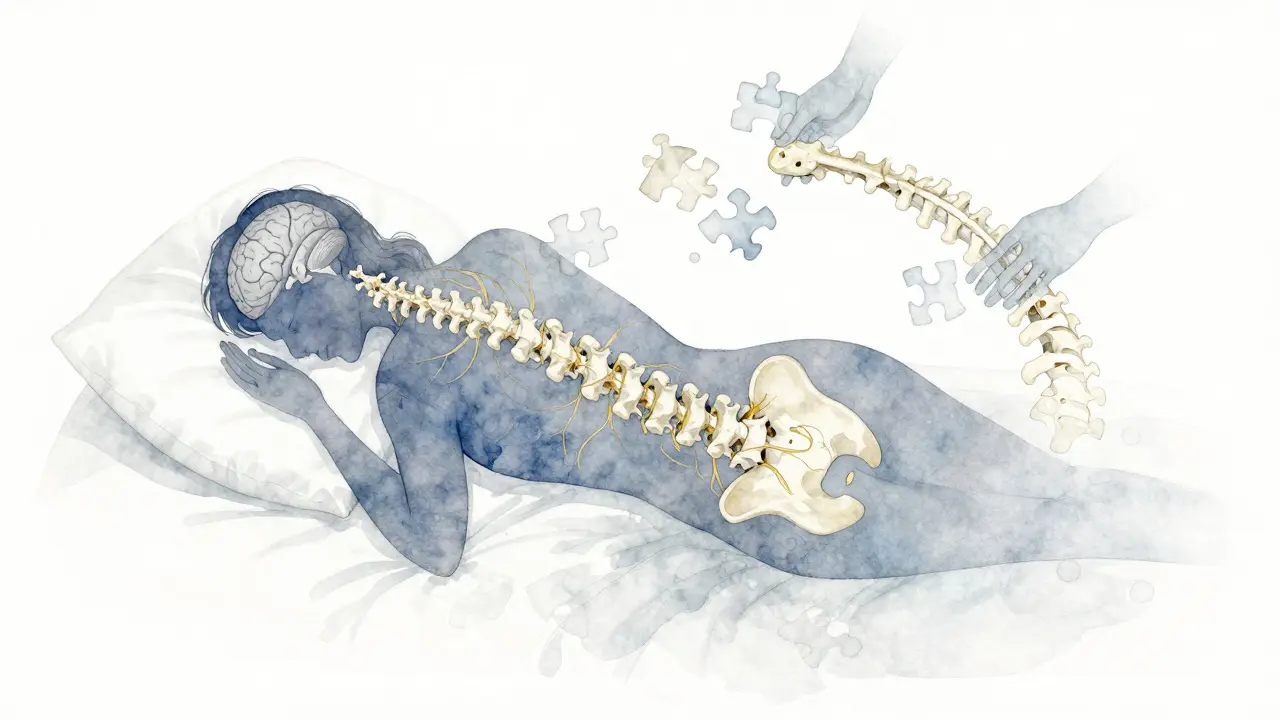 Kresba páteře s nervovými cestami, které se obnovují během spánku.