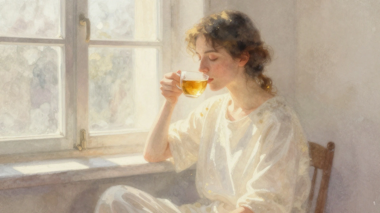 Osoba po masáži pije bylinný čaj u okna, klidná a uvolněná, s jemným zářivým efektem kolem těla.