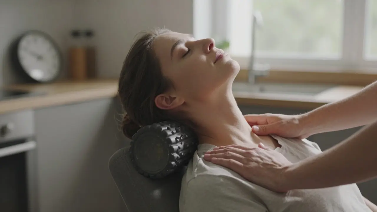 Osoba používá pěnový válek k uvolnění napětí v krku, zatímco druhá osoba pomáhá s klíční kostí.