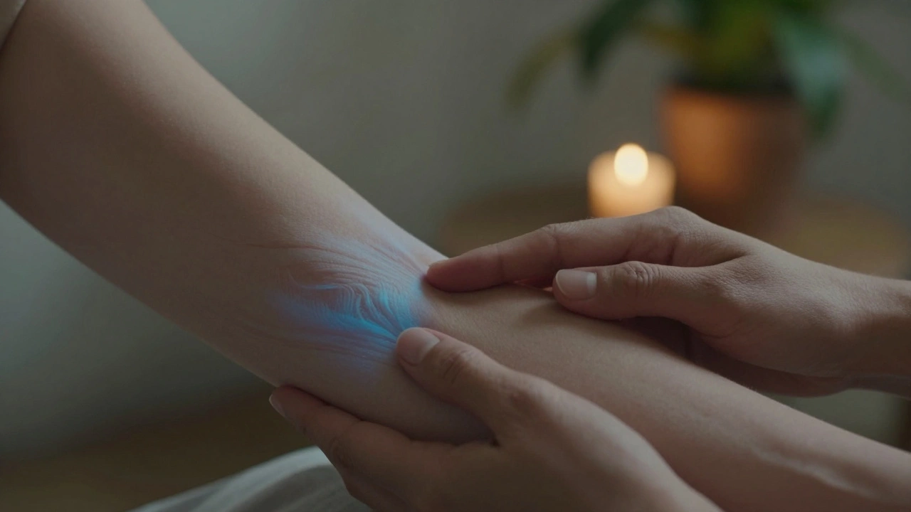 Ruce provádějí jemné pohyby po vnitřní straně paže, symbolizující pohyb lymfy.