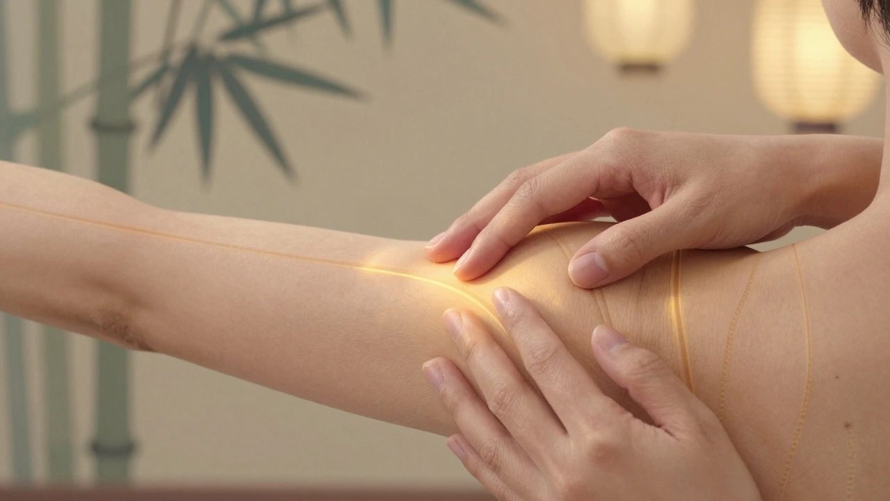 Ruce terapeuta tlačí na paži podél energetických meridiánů, jemné světlo zdůrazňuje body kontaktu.
