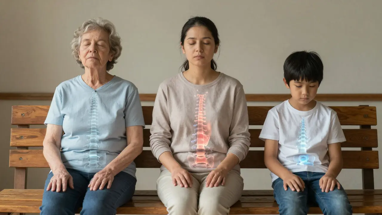 Tři lidé různých věků sedí v klidu, jejich napětí se roztává kolem nich.