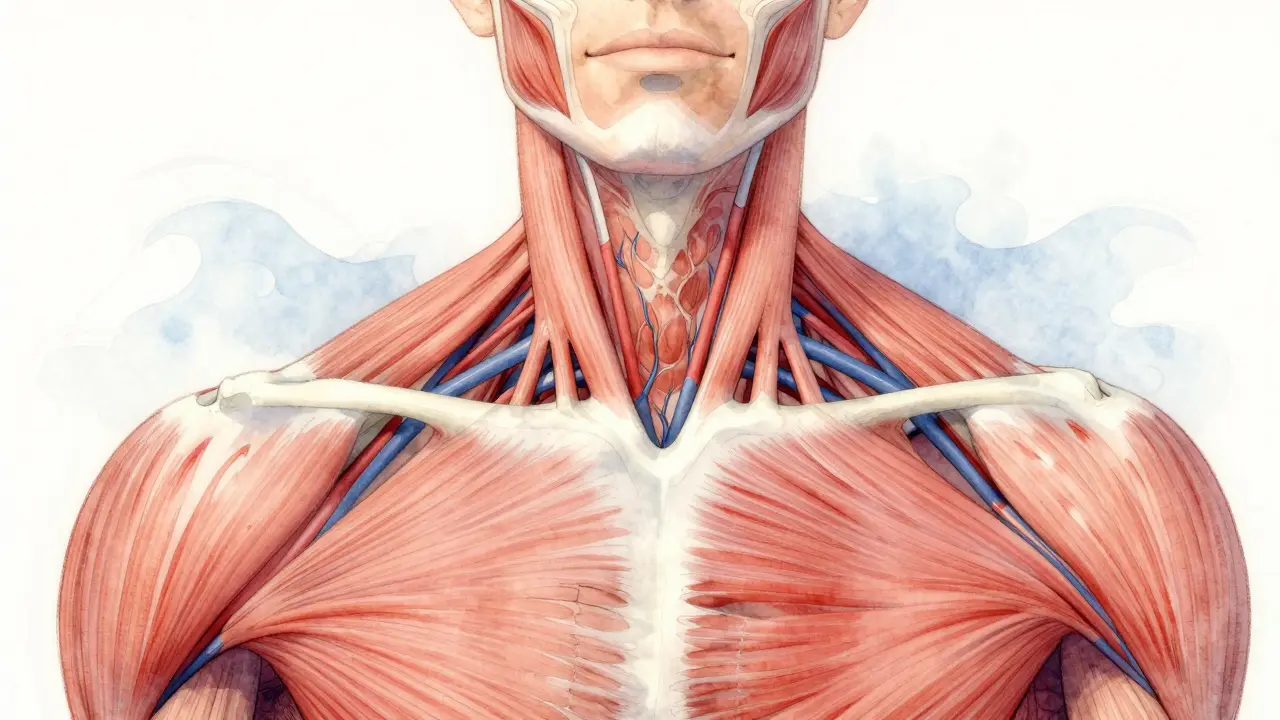 Umělecký náčrt s anatomickými body ovlivňujícími migrénu v krku a čele.