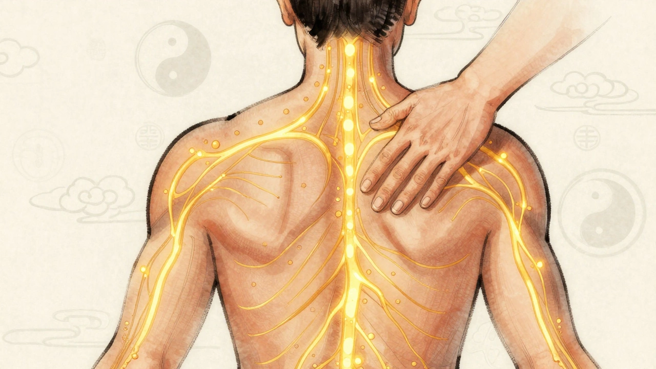 Vizualizace proudu energie chi pod kůží podél energetických meridiánů.