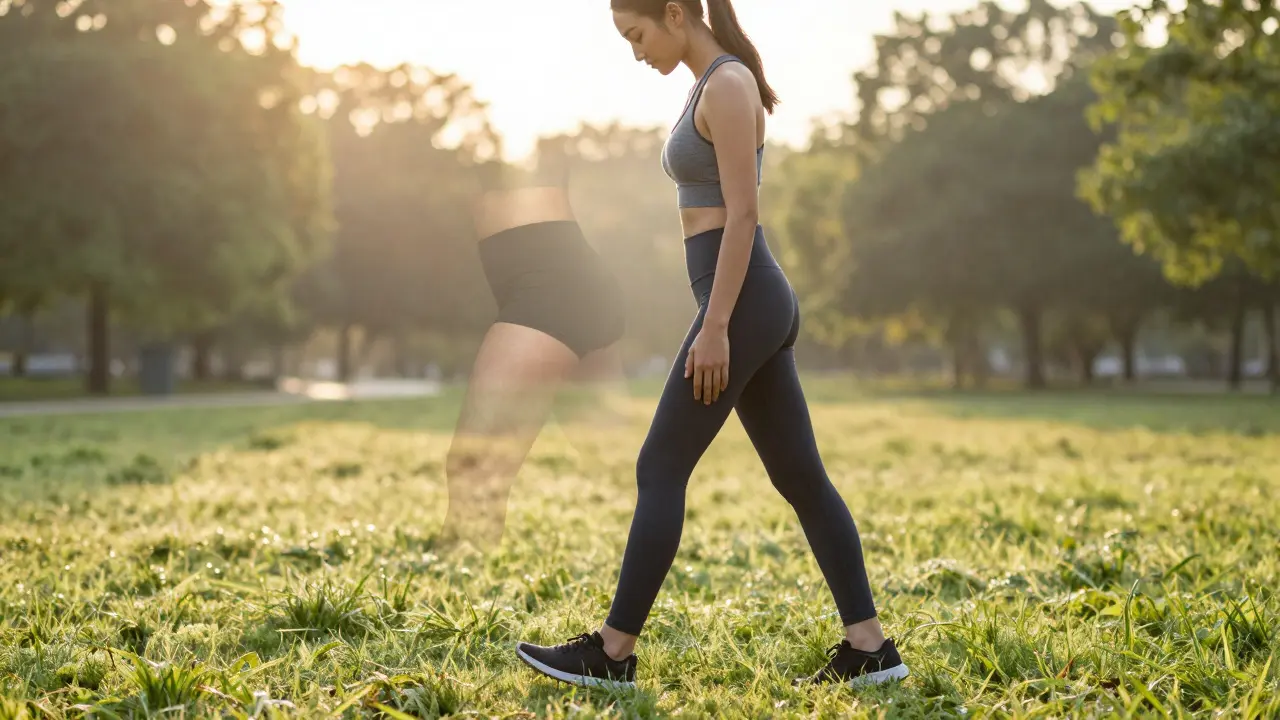 Žena kráčí v parku ráno, zároveň masíruje stehno, symbolizující spojení pohybu a péče o kůži.