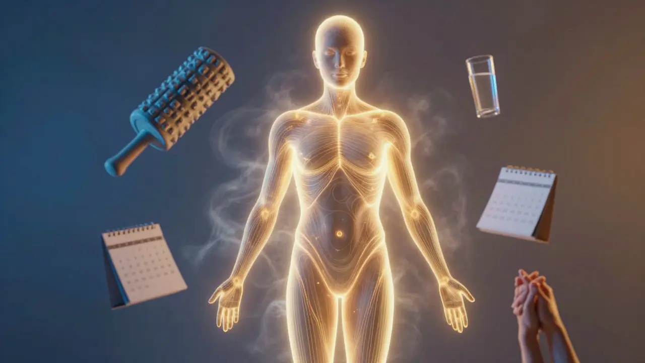 Zlaté energetické linie těla se rozptýlí v mlze, symbolizující uvolnění a obnovu.