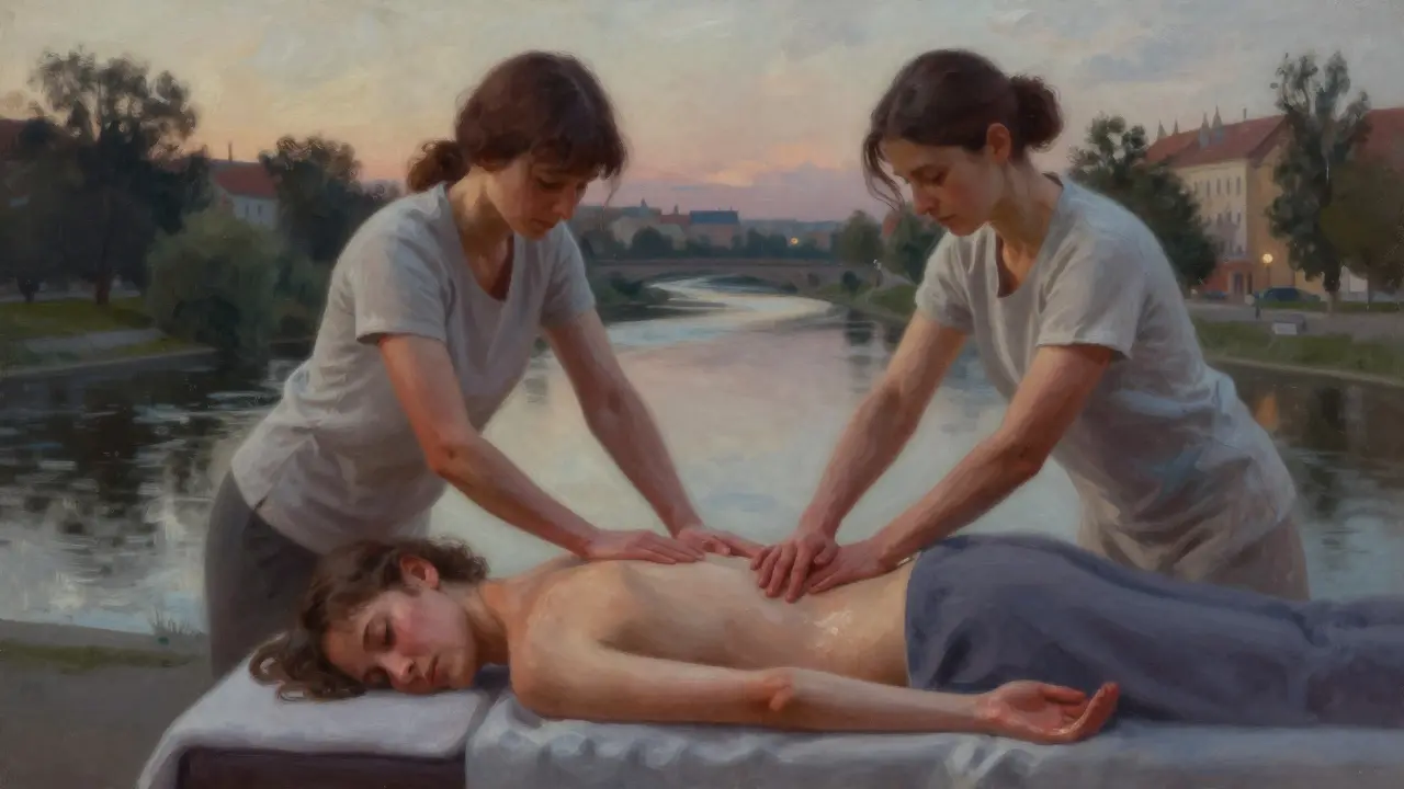 Dva maséři současně masírují jednu osobu, jejich pohyby se navzájem doplňují jako vlny.