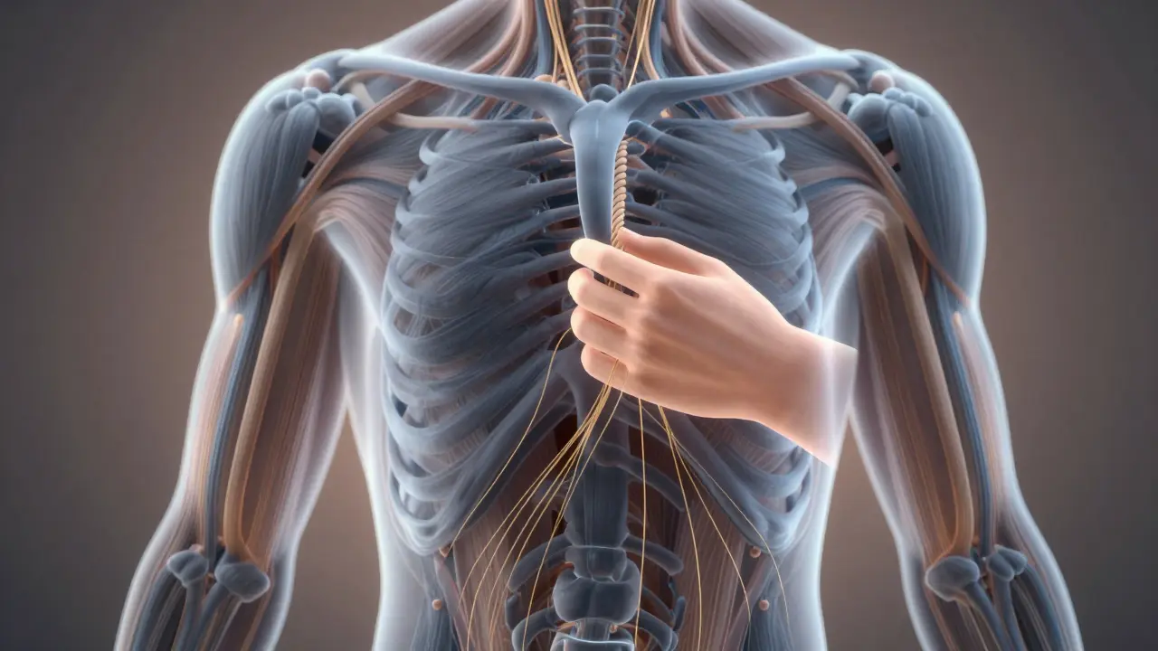 Ilustrace hlubokých fascií v těle s rukou, která uvolňuje uzly napětí.