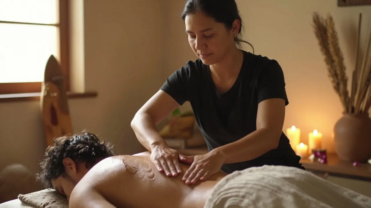 Maséřka provádí havajskou masáž Lomi Lomi v přírodním prostředí se svíčkami a dřevěným interiérem.