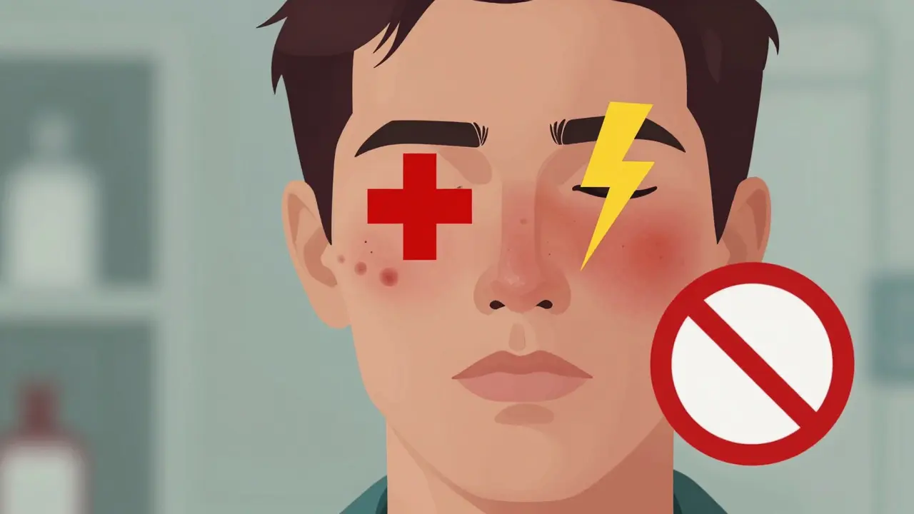 Obličej s varovnými symboly nad zánětlivými oblastmi jako akné, laserový zákrok a popálenina.