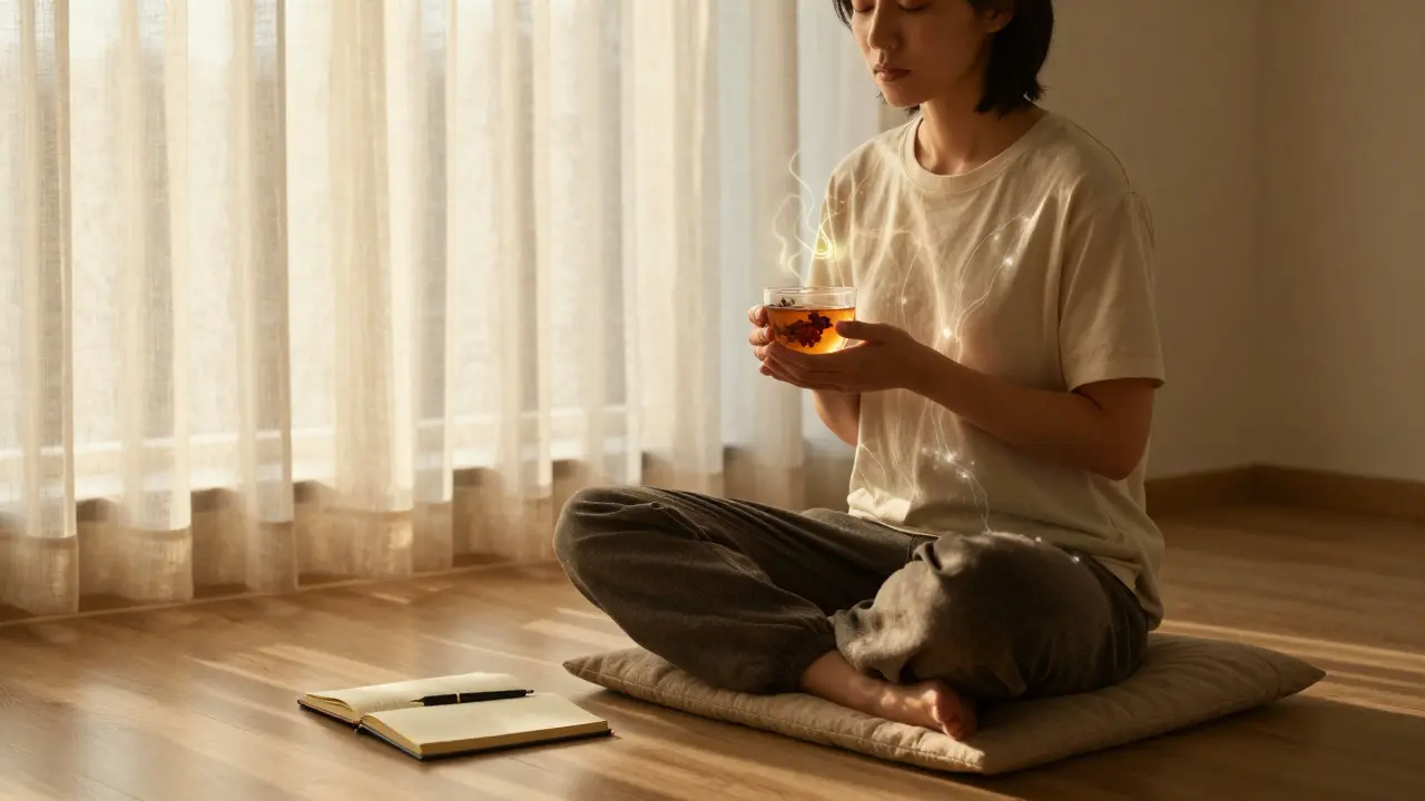 Osoba po tantrické masáži sedí v klidu, drží čaj a cítí uvolnění, zatímco jemná energie vystupuje z jejího těla.