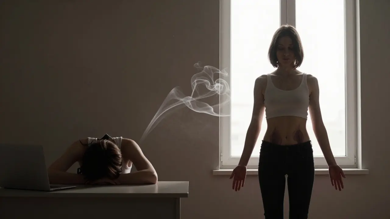 Před a po: člověk se zatuhlými rameny a stejný člověk uvolněný, světlo vyprávějící příběh změny.