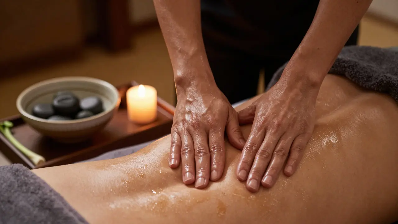 Ruce tantrické masérky provádějí pomalé, citlivé pohyby na břiše a zádech klienta při měkkém osvětlení svíček.