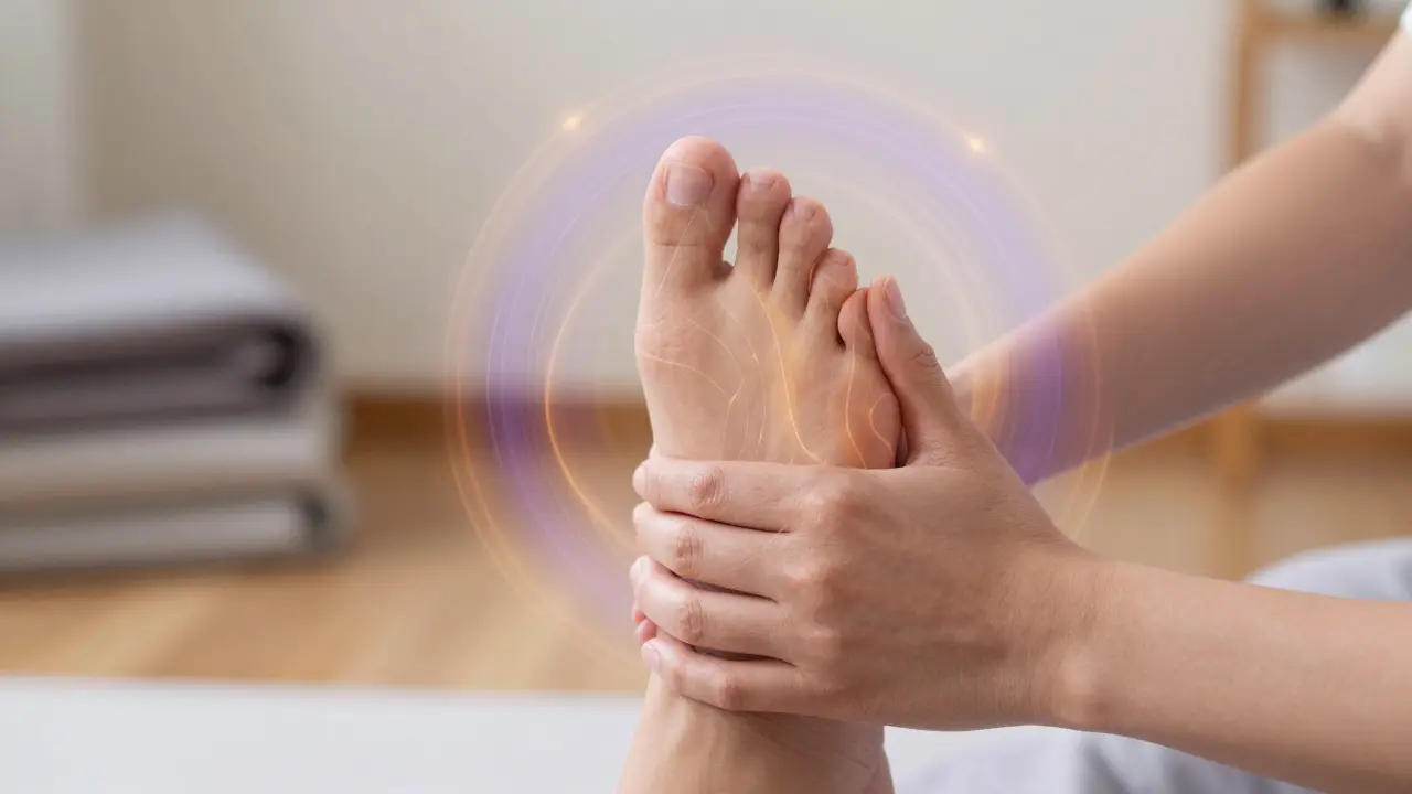 Ruce tlačí na nohu a ruku, s jemnými vlnami energie, znázorňující domácí shiatsu techniky.