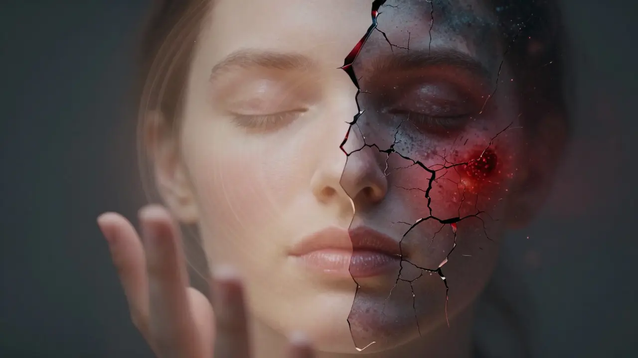 Ruka nad tváří mezi dvěma reálnostmi: zdravá kůže vs. zánět a poškození.