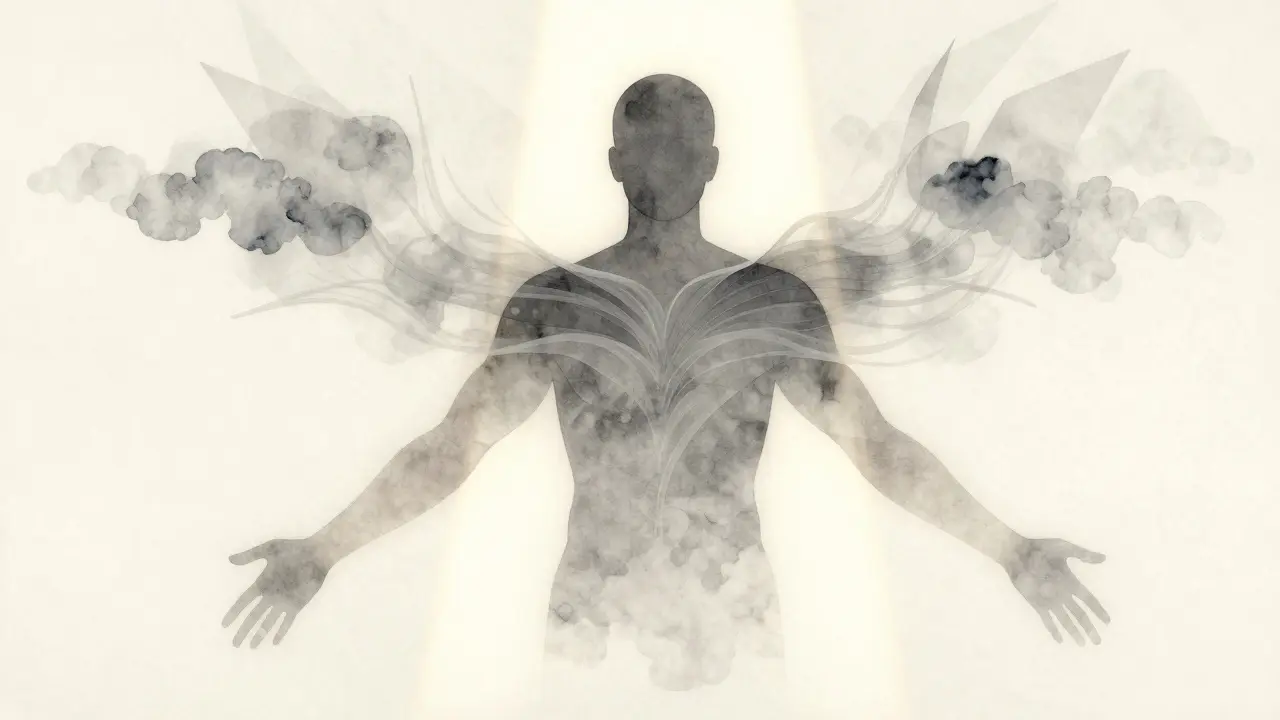 Abstraktní obraz těla, kde napětí postupně mizí jako mlha, zanechávaje klid a světlo.