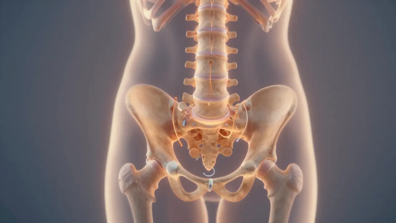Abstraktní znázornění přirozeného zarovnání páteře a křížové kosti pomocí jemných světelných čar.