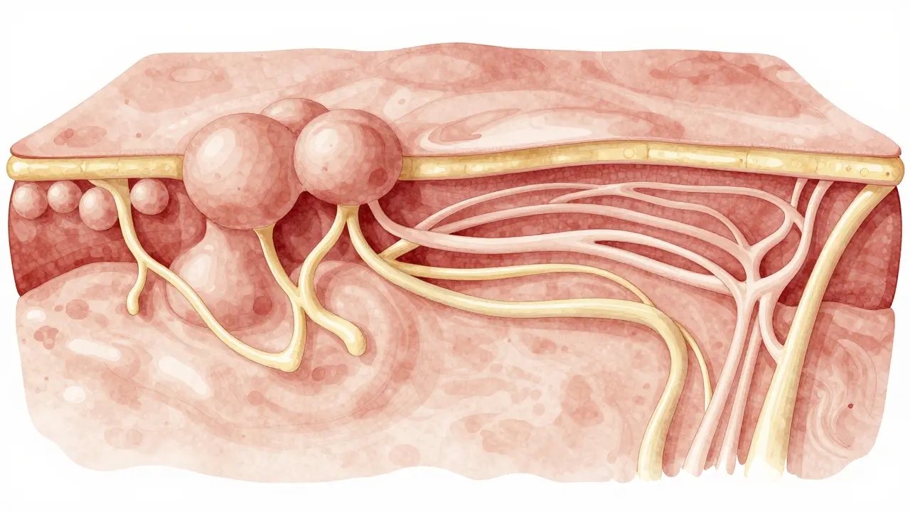 Ilustrace struktury podkožní tkáně před a po masáži, zlepšení krevního oběhu.