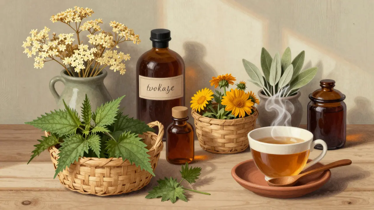 Koutek s bylinkami: černý bez, čistěnka, žeřík, šalvěj a řepa uspořádané v košíkách a skleněných nádobách s čajem.