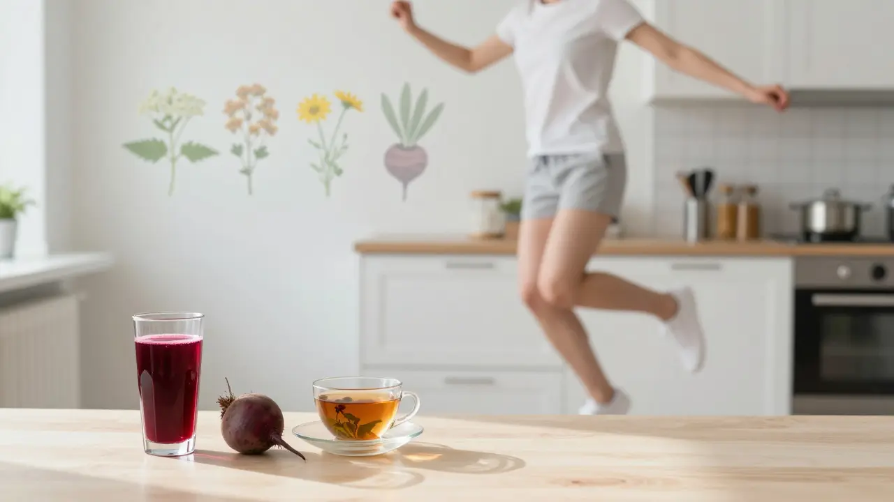 Osoba dělá lehké pohyby v kuchyni, vedle ní sklenice s řepovou šťávou a čaj, na zdi jsou jemné stíny bylinek.