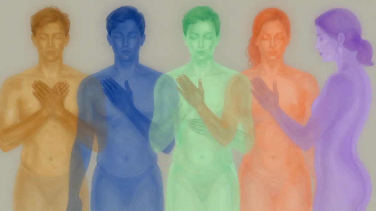 Pět technik klasické masáže znázorněno jako barvité ruce pohybující se po lidském siluetě.