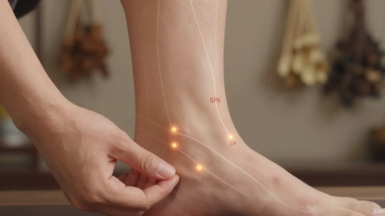Ruce aplikují akupresuru na body SP6 a LI4, s jemným zářivým efektem znázorňujícím tok energie.