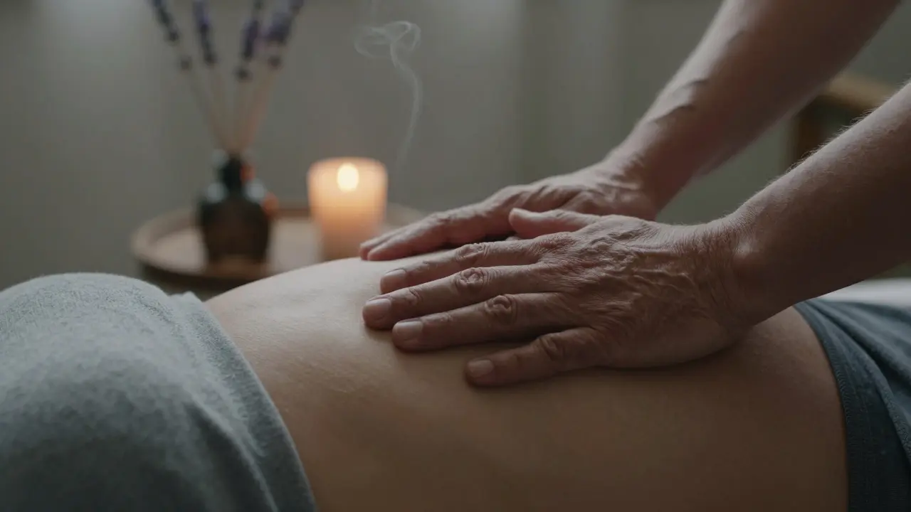 Ruka těhotné ženy na břiše, pokrytá teplou, mírně vrásknutou rukou maséra — klidný, emocionální dotek v tichém prostředí.