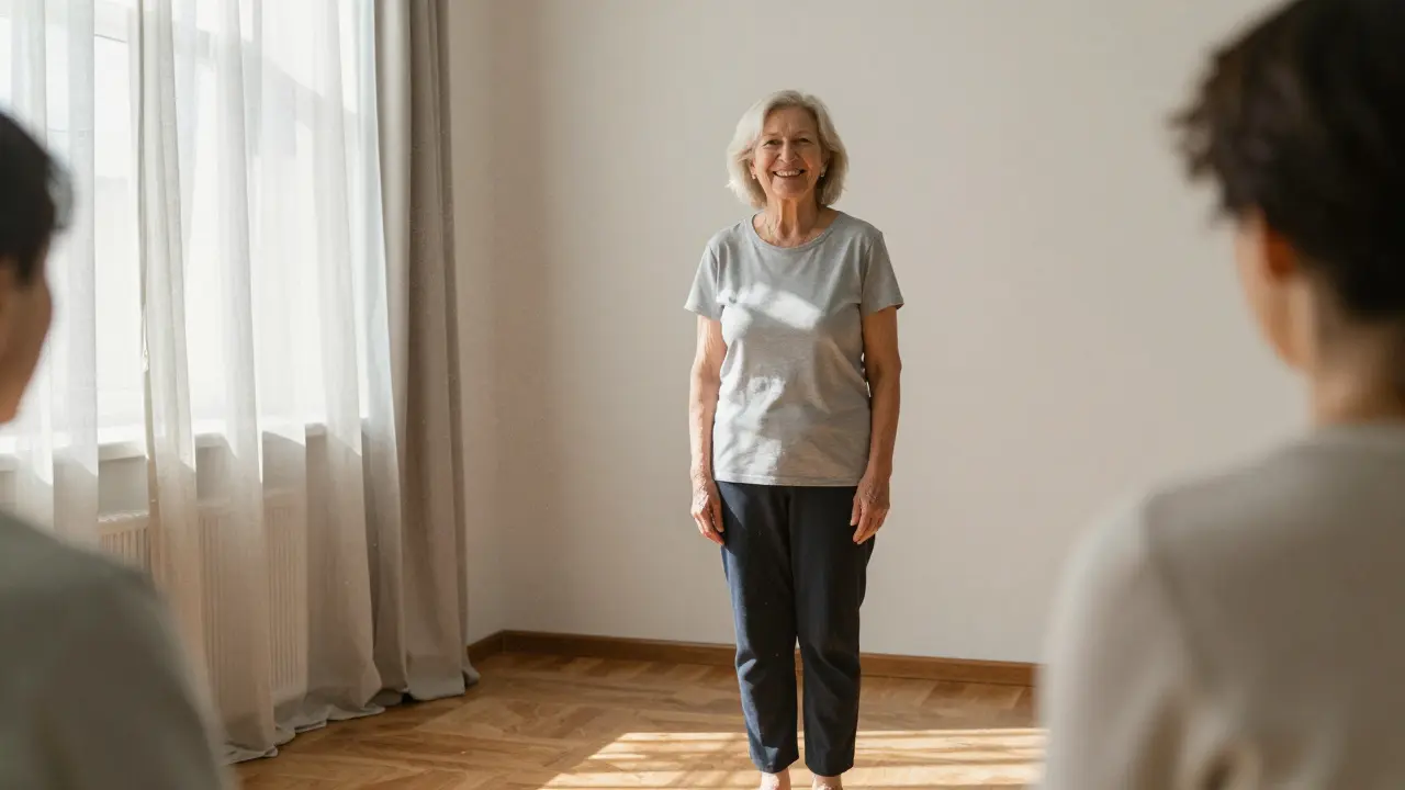 Starší žena stojí po sezení Dornovy metody s lepší postavou a klidným výrazem.