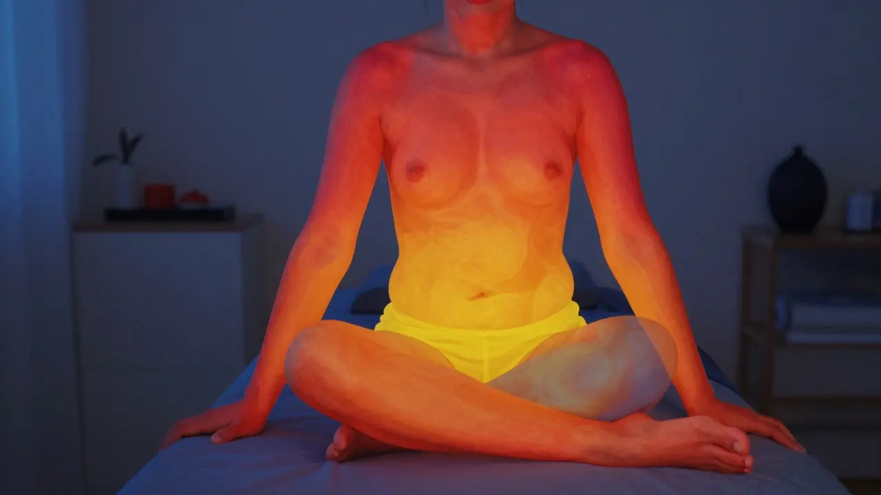 Termografický obraz těla ukazující zvýšený tepelný tok v končetinách po čínské masáži.